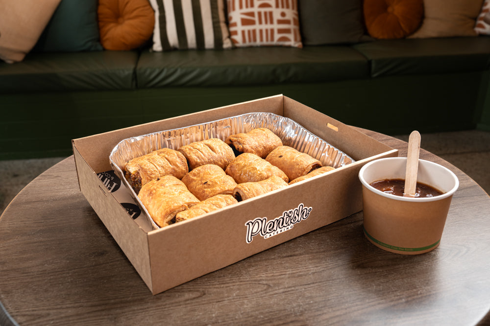 Freshly baked beef sausage rolls for team meetings, parties, and celebrations delivery in Sydney and the Blue Mountains