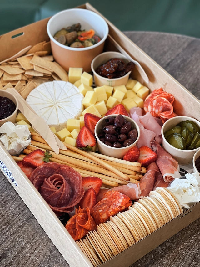 Fresh antipasto grazing platter with charcuterie, cheeses and antipasti for event catering in Sydney and the Blue Mountains. Local Delivery